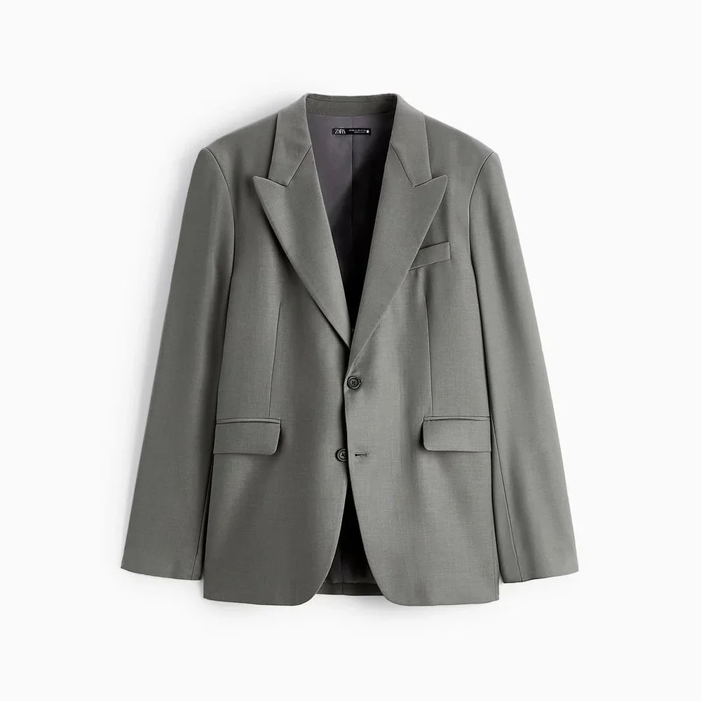 Zara Textured Suit Blazer Olive Green